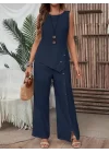 Kadın Kolsuz Düğmeli Asimetrik Detaylı Bürümcük Bluz Ve Pantolon Takım