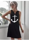 Kadın Kolsuz Halka Detay çıpa Baskılı Viskon Elbise