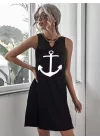 Kadın Kolsuz Halka Detay çıpa Baskılı Viskon Elbise