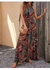 Kadın Kolsuz Halter Yaka Beli Lastikli Otantik Desenli Mikro Kumaş Elbise