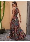 Kadın Kolsuz Halter Yaka Beli Lastikli Otantik Desenli Mikro Kumaş Elbise