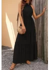 Kadın Kolsuz Halter Yaka Beli Lastiklidesenli Mikro Elbise