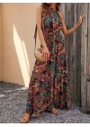 Kadın Kolsuz Halter Yaka Beli Lastikliotantik Desenli Mikro Kumaş Elbise
