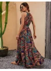 Kadın Kolsuz Halter Yaka Beli Lastikliotantik Desenli Mikro Kumaş Elbise