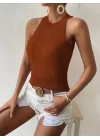 Kadın Kolsuz Halter Yaka Mini Baklava Desenli Triko Bluz