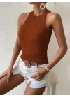 Kadın Kolsuz Halter Yaka Mini Baklava Desenli Triko Bluz