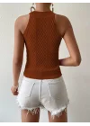 Kadın Kolsuz Halter Yaka Mini Baklava Desenli Triko Bluz