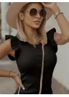 Kadın Kolsuz Omzu Volanlı Bisiklet Yaka Kaşkorse Mini Elbise