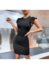 Kadın Kolsuz Omzu Volanlı Bisiklet Yaka Kaşkorse Mini Elbise