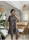 Kadın Kolsuz Sırttan Bağlamalı Fırfırlı Leopar Desenli Süprem Elbise