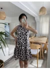 Kadın Kolsuz Sırttan Bağlamalı Fırfırlı Leopar Desenli Süprem Elbise