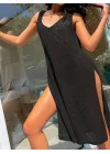 Kadın Kolsuz V Yaka Kalın Askılı Sırt Derin Dekolte Ve Yırtmaç Detay Triko Pareo