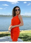 Kadın Kolsuz V Yaka Kuş Gözü Detay Bluz Short Aerobin Ikili Takım