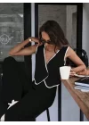 Kadın Kolsuz V Yakalı Düğmeli Ithal Krep Yelek Ve Pantolon Ikili Takım