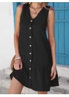 Kadın Kolsuz V Yakalı önden Düğmeli Fırfırlı Narin Elbise