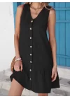 Kadın Kolsuz V Yakalı önden Düğmeli Fırfırlı Narin Elbise