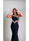 Kadın Komuz Ve Bel Dokelteli Taş Detay Dalgıç Kumaş Elbise