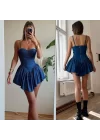 Kadın Kot Kumaş Göğüs Glop Detaylı Sırt Fermuarlı Mini Boy Elbise