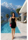 Kadın Krep Dalgıç Kumaş Kare Yaka Dekolteli Mini Boy Elbise