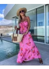 Kadın Krep Kumaş çiçek Desenli önünde Büzgü Detaylı Maxi Boy Elbise
