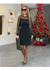 Kadın Krep Kumaş Flok Detaylı Elbise