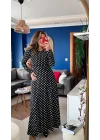 Kadın Krep Kumaş Uzun Kollu Tam Boy Puantiyeli Elbise 132 Cm