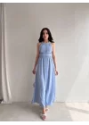 Kadın Krinkil Kumaş Beli Gipeli Halter Yaka Maxi Boy Elbise