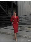 Kadın Kruvaze Yaka Balon Kol Simli Krep Kumaş Midi Boy Elbise