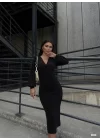 Kadın Kruvaze Yaka Balon Kol Simli Krep Kumaş Midi Boy Elbise