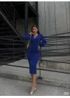 Kadın Kruvaze Yaka Balon Kol Simli Krep Kumaş Midi Boy Elbise
