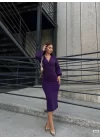Kadın Kruvaze Yaka Balon Kol Simli Krep Kumaş Midi Boy Elbise