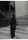 Kadın Kruvaze Yaka Balon Kol Simli Krep Kumaş Midi Boy Elbise