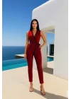Kadın Kruvaze Yaka Dantel Güpür Ve Kuşak Detay Tulum
