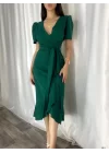 Kadın Kruvaze Yaka Midi Boy Kuşaklı Krep Elbise 120 Cm