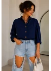 Kadın Lacivert Pamuklu Keten Çift Cepli Ahşap Düğme Pinterest Oversize Gömlek