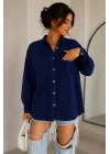 Kadın Lacivert Pamuklu Keten Çift Cepli Ahşap Düğme Pinterest Oversize Gömlek