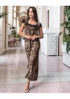 Kadın Leopar Desenli Dantelli Jesica Kumaş Maxi Boy Elbise