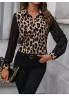 Kadın Leopar Desenli Kolları Tül Detaylı Krep Bluz