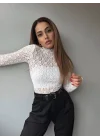 Kadın Likralı Dantel Transparan Uzun Kol Crop Bluz