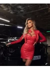Kadın Likralı Deri Detay Straplez Mini Elbise Ve Boyun çıtçıtlı Deri Ceket Ikili Takım