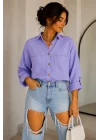 Kadın Lila Pamuklu Keten Çift Cepli Ahşap Düğme Pinterest Oversize Gömlek