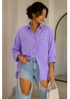 Kadın Lila Pamuklu Keten Çift Cepli Ahşap Düğme Pinterest Oversize Gömlek