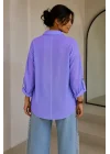 Kadın Lila Pamuklu Keten Çift Cepli Ahşap Düğme Pinterest Oversize Gömlek