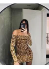 Kadın Madonna Mendil Yaka Leopar Desen Mini Elbise