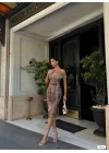 Kadın Madonna Yaka Dalga Desen Midi Boy şifon Elbise