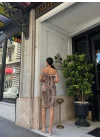 Kadın Madonna Yaka Dalga Desen Midi Boy şifon Elbise