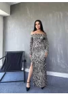 Kadın Madonna Yaka Dalgıç Kumaş Leopar Desen Maxi Boy Derin Yırtmaçlı Elbise