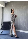 Kadın Madonna Yaka Dalgıç Kumaş Leopar Desen Maxi Boy Derin Yırtmaçlı Elbise