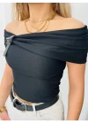 Kadın Madonna Yaka Deri Toka Detay Ottoman Kumaş Bluz