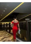 Kadın Madonna Yaka Sandy Kumaş Büzgü Detay Midi Boy Elbise